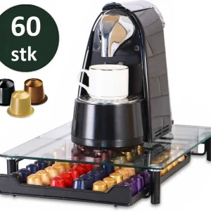 Cheffinger - Nespresso Capsulehouder met Lade - Glas - 60 Cups - Espresso Koffie Pad en Cups Houder - Glas en RVS - Zwart