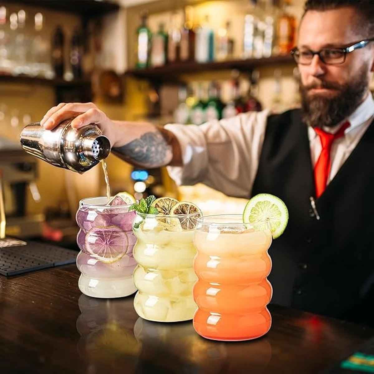 Glozini Wavy Bubbelglazen - 530ml - Set van 4 - Geribbelde Glazen - Bubble Glas - Esthetische Cocktailglazen - Afbeelding 4