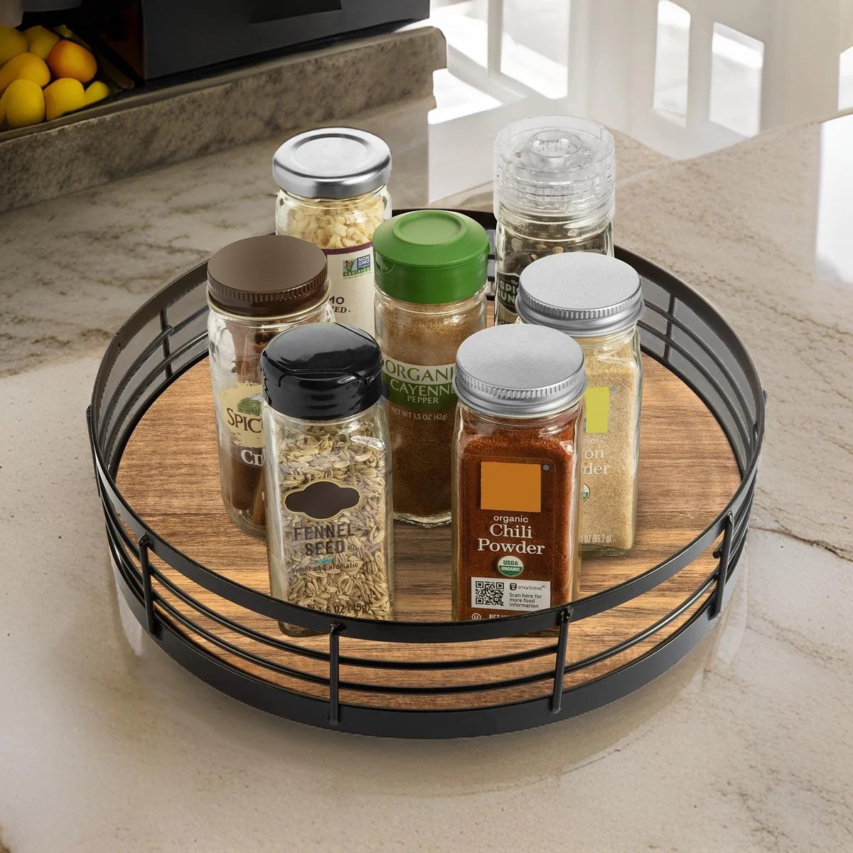 Cheffinger Draaiplateau - 26cm - Keuken Organizer - Keukenrek - kruidenrek - Roteerbaar - Zwart - Hout - Afbeelding 2