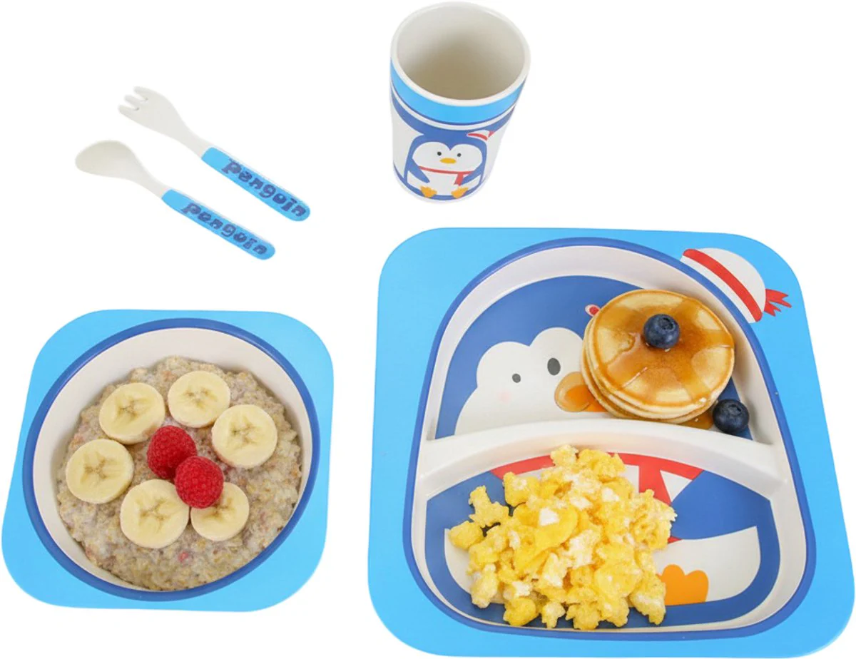 Cheffinger Kinderservies - Pinguïn - Bamboe - 5-delig - Blauw - Baby Servies - Kinderbestek - Afbeelding 3