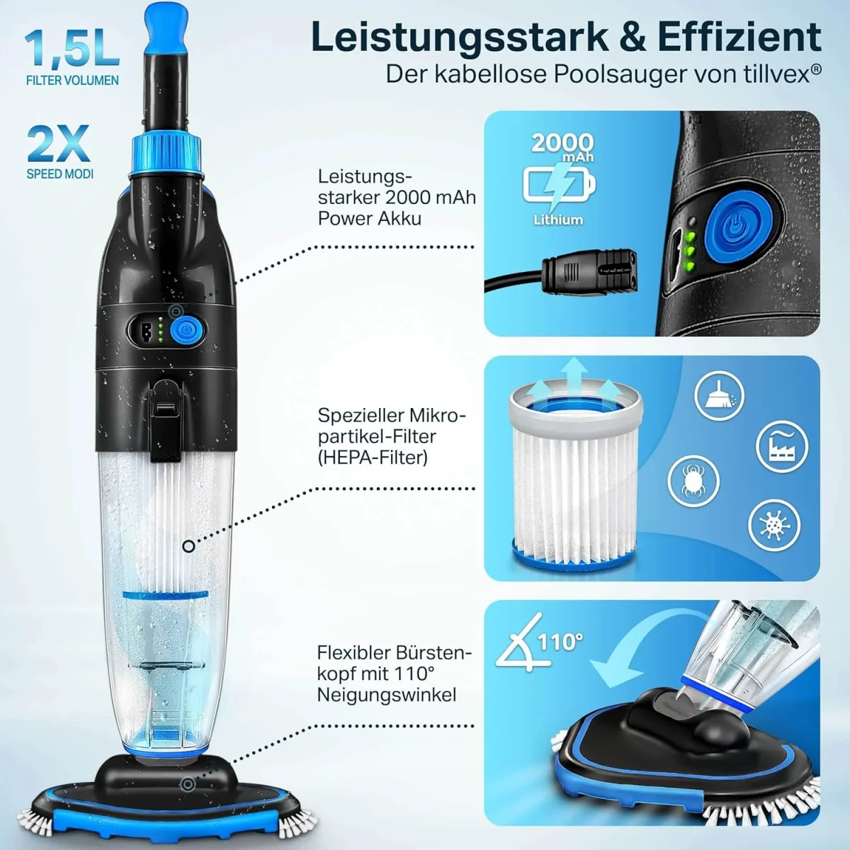 Zwembad stofzuiger - Zwembadstofzuiger - Zwembadreiniger - Zwart - Tillvex® - Afbeelding 4