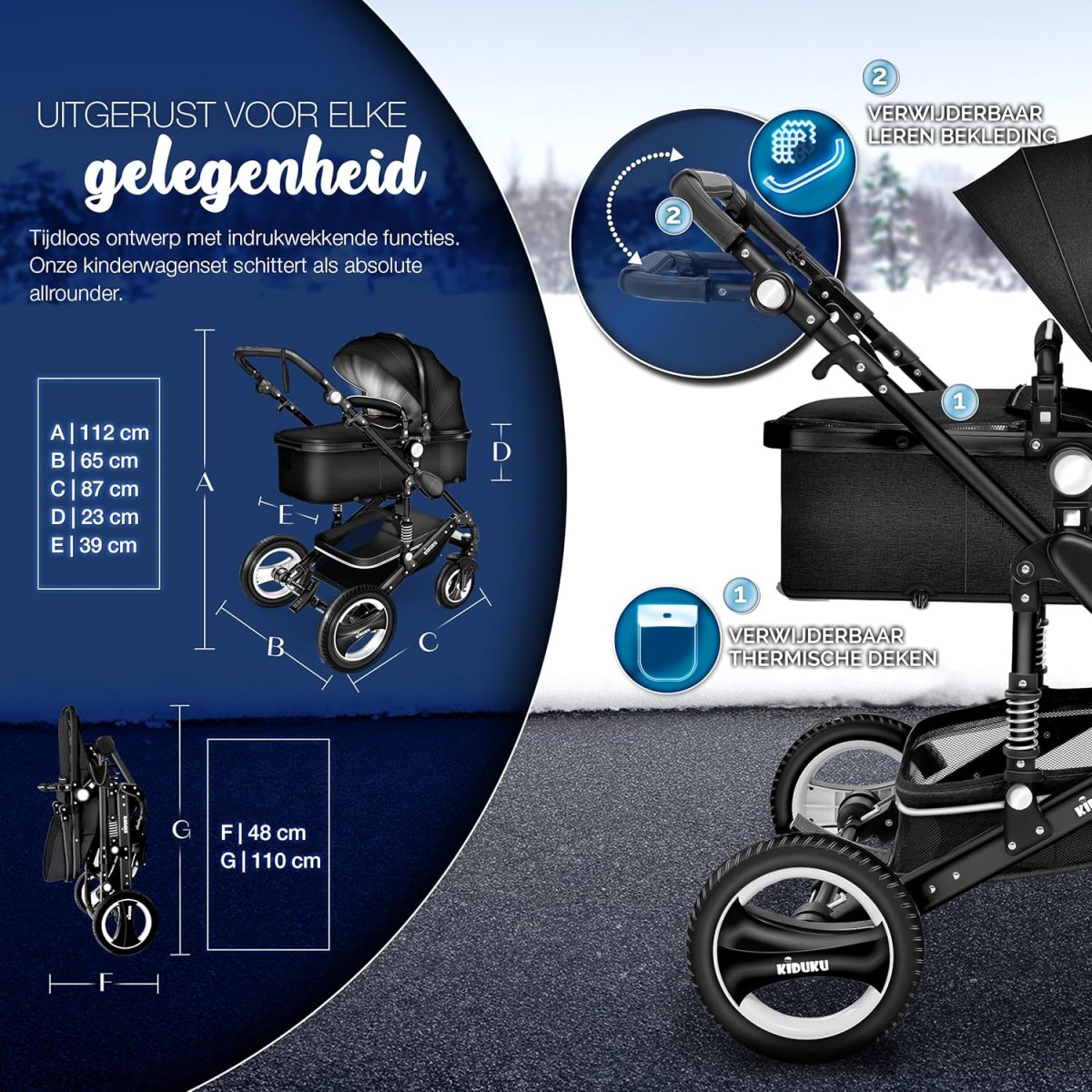 Kinderwagen 3 in 1 - Buggy - Wandelwagen - Kinderbuggy - Zwart - KIDUKU® - Afbeelding 9