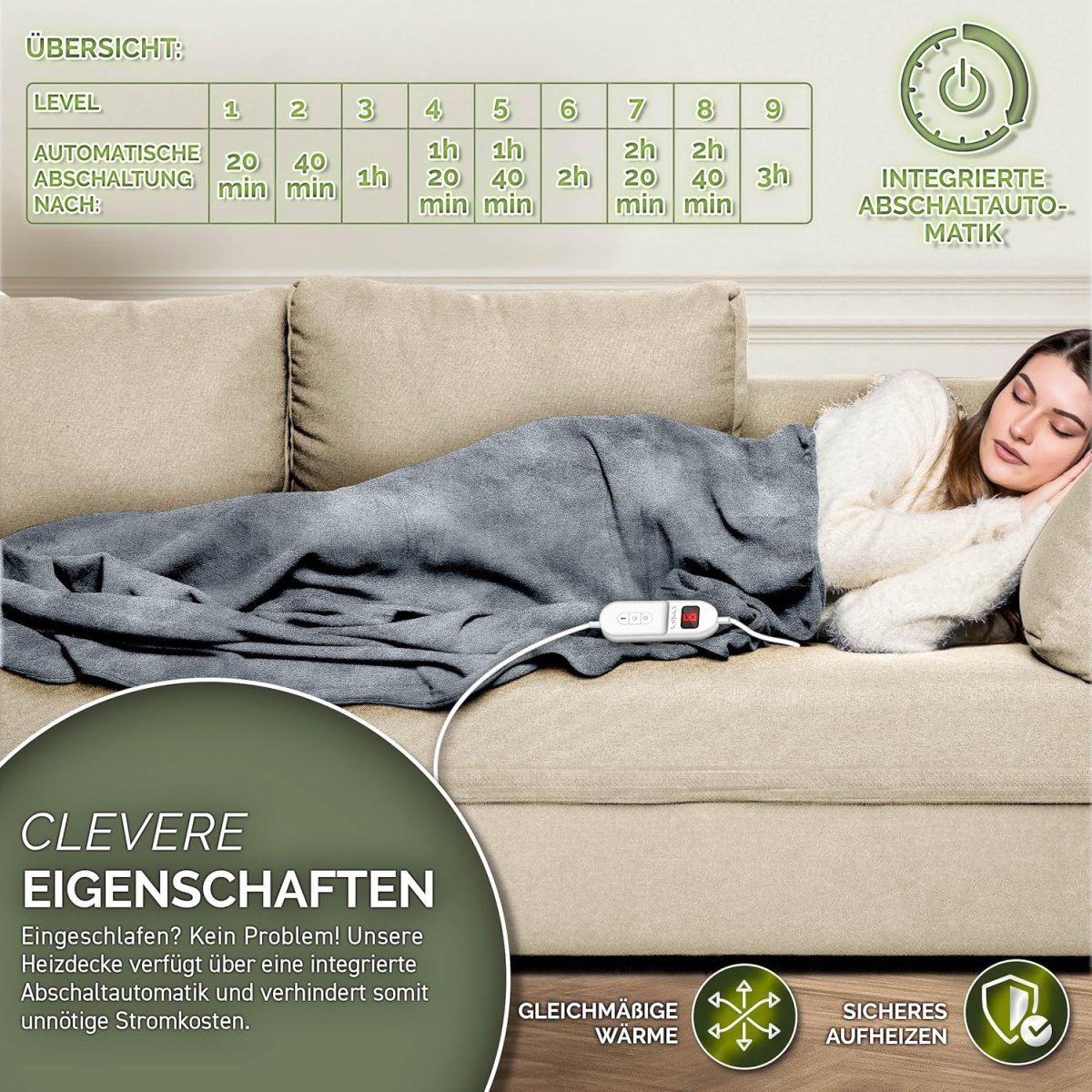 Elektrische deken - Warmtedeken - 1 persoons - 120x160 cm - Lichtgrijs - Sinnlein® - Afbeelding 7