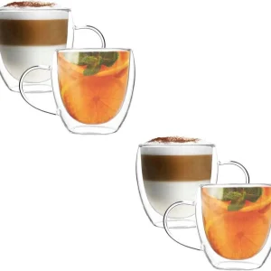 Dubbelwandige Glazen met Oor - 250 ml - Set van 4 - Koffieglazen - Theeglas - Cappuccino Glazen - Latte Macchiato Glazen Bekers