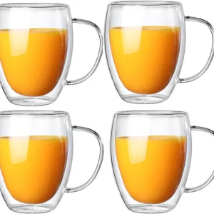 Dubbelwandige Glazen met Oor - 350 ml - Set van 4 - Koffieglazen - Theeglas - Cappuccino Glazen - Latte Macchiato Glazen Bekers