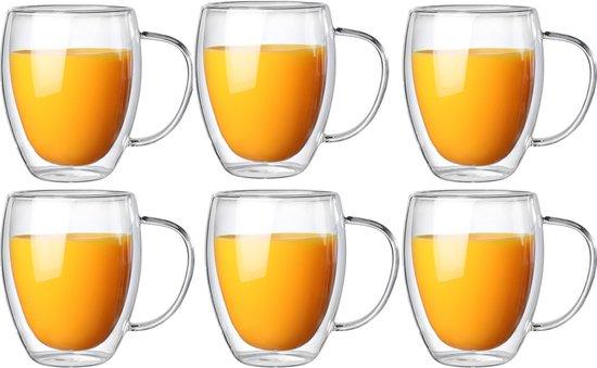 Dubbelwandige Glazen met Oor - 350 ml - Set van 6 - Koffieglazen - Theeglas - Cappuccino Glazen - Latte Macchiato Glazen Bekers