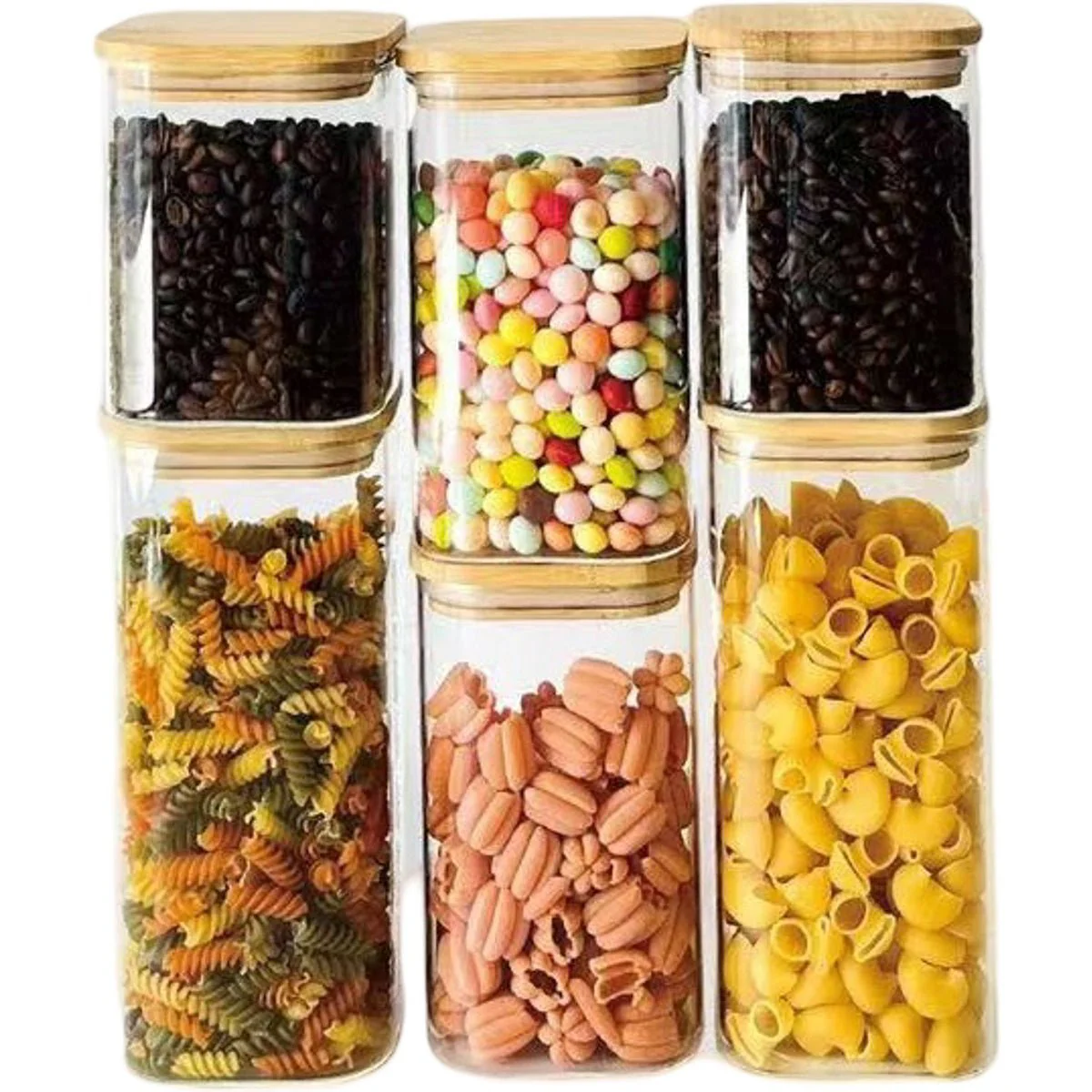 Cheffinger Glazen Voorraadpotten Set met Bamboe Deksel - 6-delig - 2x 750ml, 2x 1100ml, 2x 1500ml - Afbeelding 2
