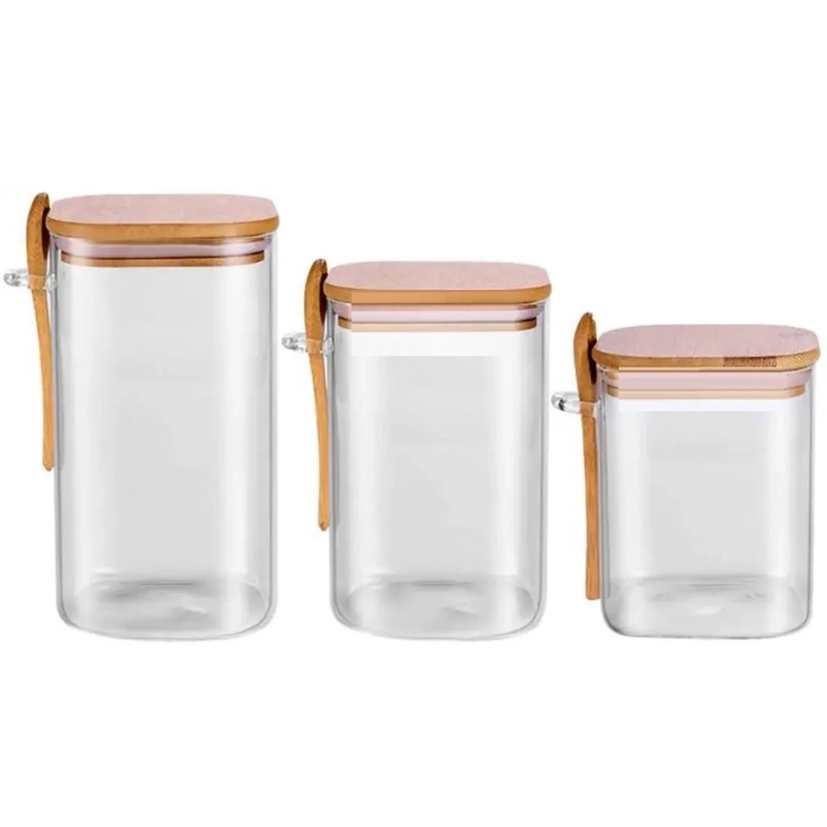 Cheffinger Glazen Voorraadpotten Set met Bamboe Deksel en Lepels - 3-delig - 900ml, 1100ml, 1500ml - Afbeelding 3