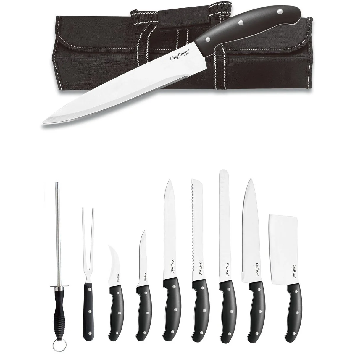 Cheffinger Messenset – 10-delig – Professionele Keuken- & BBQ-messen met Slijper en Opbergtas