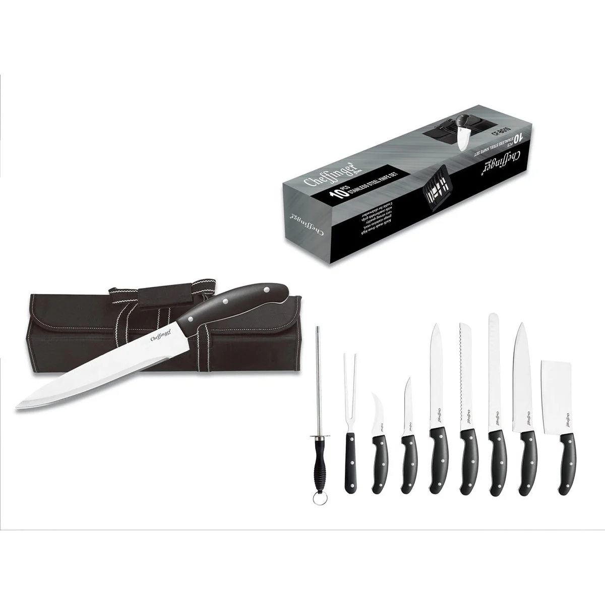 Cheffinger Messenset – 10-delig – Professionele Keuken- & BBQ-messen met Slijper en Opbergtas - Afbeelding 3