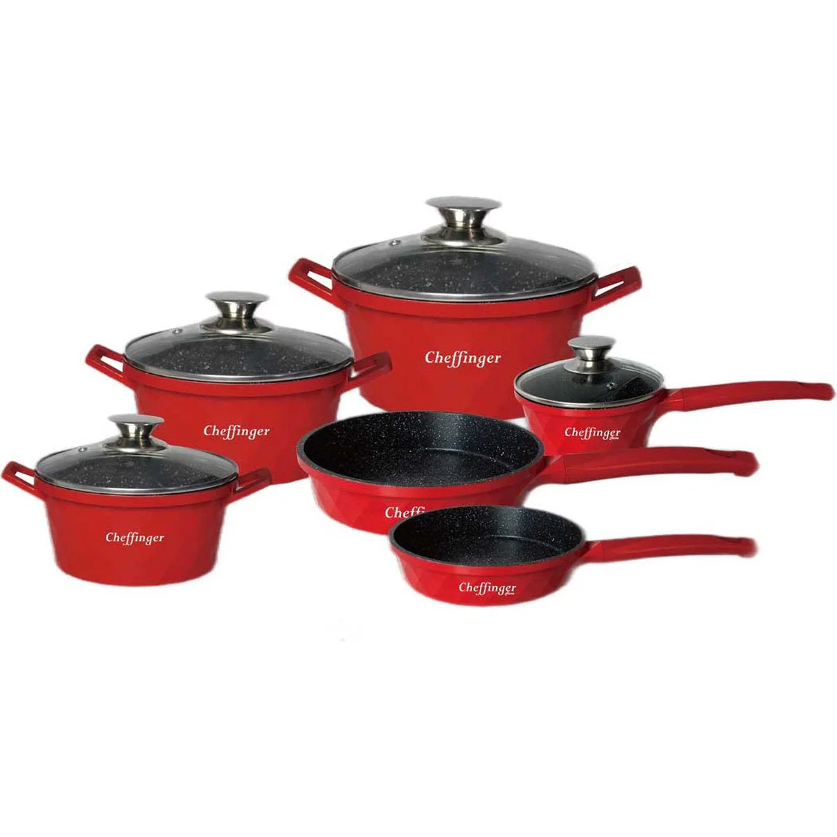 Cheffinger Pannenset - 12-delig - Rood - Inductie - Met glazen deksels - Afbeelding 2