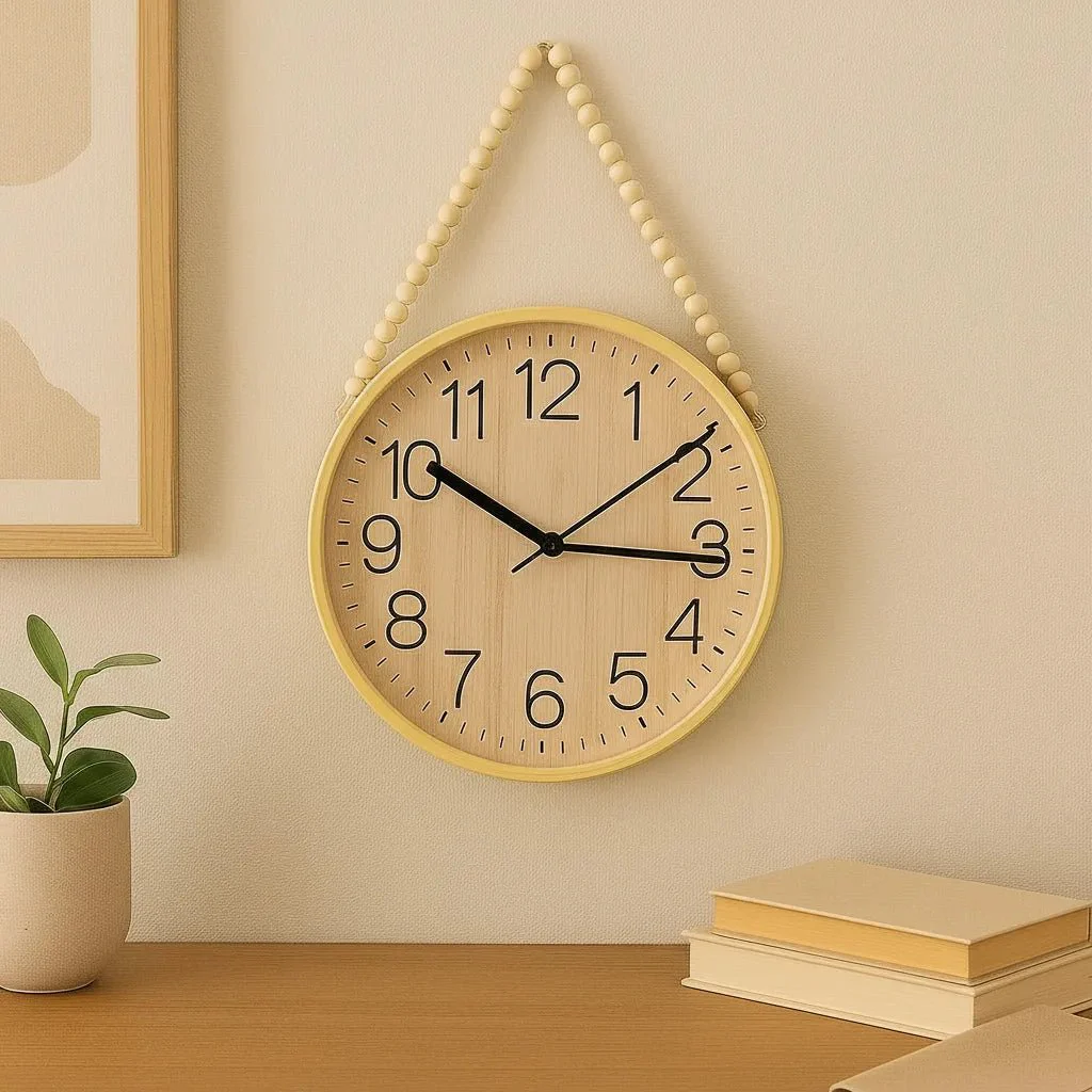 Hauskraft Wandklok - 45cm - Lichtbruin/Zwart - Decoratief Touw met Houten Kralen - Afbeelding 3