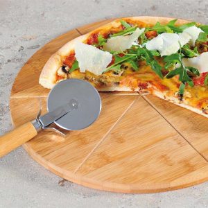 Kadirelli Pizzaplank met Pizzasnijder – Bamboe – 34 cm – Serveerplank met Handvat