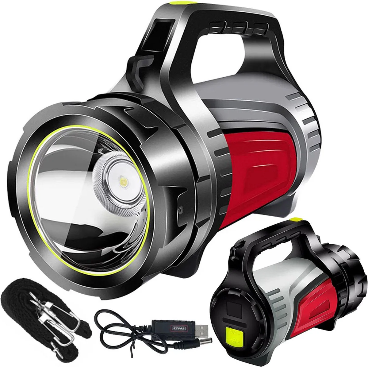 Verk Group Oplaadbare LED Zoeklicht Zaklamp met Powerbankfunctie – Voor Outdoor en Noodsituaties - Grijs/Rood